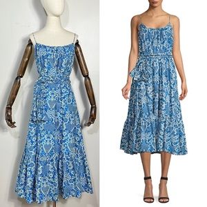 Rhode “Lea” belted Mediterranean blue tapestry print floral belted midi dress